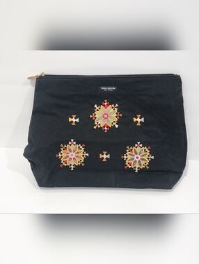 Kate Pade Black Embroidered Pouch Cosmetic Bag